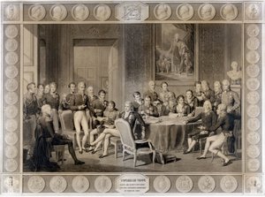 ウィーン会議の様子。1815年のウィーン会議の様子。アレクサンダー1世（皇帝）、H.R.スチュワート（カスレアーグ）、フランソワ1世（オーストリア皇帝）、フレデリック・ウィリアム3世（プロイセン王）、カール・アウグスト（ハーデンベルグ王子）、ヴィルヘルム・フォン・フンボルト（フンボルトのウィリアム