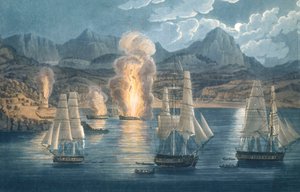1811年4月30日、コルシカ島のサゴーネ湾でフランス船を破壊するイギリス船（カラー・アクアチント） 作： Unknown artist