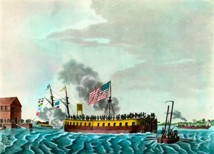 フルトン蒸気船「米国ニューヨーク港での操船」1807年頃の版画 プライベートコレクション