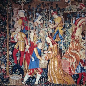 The Harvest ぶどうを搾る農民たち。詳細羊毛と絹のタペストリー。16世紀初頭の作品。パリ、国立中世美術館、クリュニーのテルム