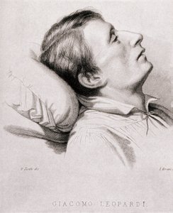 イタリアの詩人、ジャコモ・レオパルディ（1798-1837）の死に際の写真。19世紀のエングレーヴィング 作： Unknown artist