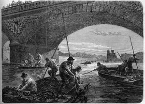 1871年のパリ・コミューン。コミューンの最終討議の際、フェデラー（共産党員）がオーステルリッツ橋の下のセーヌ川に投げ込んだ武器を漁る。 作： Unknown artist