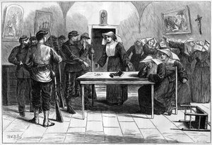 1871年のパリ・コミューン。セーヴル通りにある修道女（貧乏人の小さな姉妹）が住んでいる家をフェデレ（コミューン）が捜索。修道女の共同体からのお金を発見したフェデレスは、そのお金を箱に戻して、戻ってきた。 作： Unknown artist
