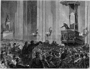 1871年のパリ・コミューンの様子。セント・ユースタティウス教会のクラブ。教会は、夜になるとフェデラーたちから集会や討論会の開催を要請された。これらのクラブは、教育、情報、表現という3つの目的を持っていた。 作： Unknown artist