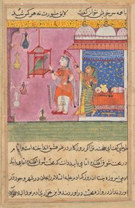 オウムは、トゥティーナマ (オウムの物語) から、19 番目の夜の初めに Khujasta に話しかけます。 作： Unknown artist