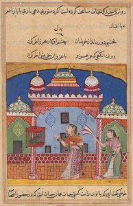 オウムはトゥティーナマ (オウムの物語) から、22 夜の初めに Khujasta に話しかけます。 作： Unknown artist