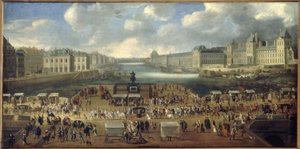 1669年頃、ドフィーヌ広場入口から見たポン・ヌフ、ケ・マラケとコレージュ・デ・キャトルナシオン、グランド・ギャラリ、ルーヴル。橋の上を通過する行列。現在の1区と6区、1665年から1669年の間 作： Unknown artist