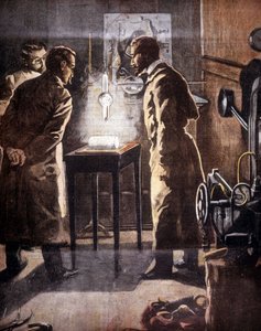 レントゲン（Rontgen）やX線のこと。1895年に発見された。実験を表すイラスト。