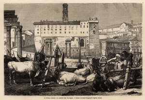 ローマの広場には飼料の家賃があり、牛は荷車や古代の遺跡の中に横たわっています。フランシス・ウェイが1864年から1868年にかけて描いた「ローマへの旅」のための挿絵（1869年、エドゥアール・シャルトン編集、アシェット版）。 作： Unknown artist