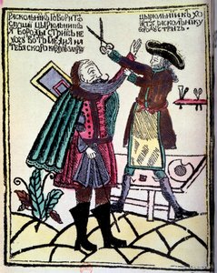 ロシアの皇帝ピョートル1世（1672-1725）は、1722年にヒゲを切ることを義務付ける改革を公布した。18世紀のパリのエングレーヴィング、B.N. 作： Unknown artist