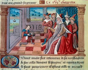 ヴェネツィアの航海士マルコ・ポーロ（1254-1324）が、偉大なるクビライ（クビライ・ハン、モンゴル元朝（1215-1294）の初代皇帝）の前で。マルコ・ポーロ（1254年）の「不思議の書」（「Devisement du monde」、「Il Milione」）から引用されたミニチュア。 作： Unknown artist
