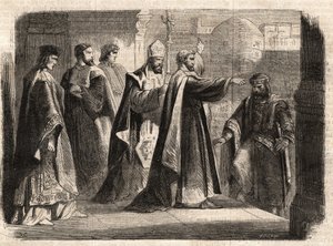 ミラノの大司教聖アンブローズ（Aurelius Ambrosius, Ambrogio di Milano (340-397)）は、ローマ皇帝テオドシウス1世（Flavius Theodosius）（347-395）が390年にテッサロニケで虐殺を行ったことを罰するために、教会への入場を禁止した - Excommunicati 作： Unknown artist
