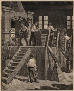 ガラスの芸術：フランス式の製法でガラスを製造するガラス職人たち。Adolphe BITARDの "Les arts et metiers illustres "に掲載された1885年のエングレーヴィング。