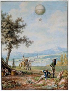 マインツの封鎖：1793年4月14日、第一次連合軍によって包囲された要塞。軍事目的で使用された包囲状態の街の上空の気球。18世紀のプリント。パリ航空博物館 作： Unknown artist