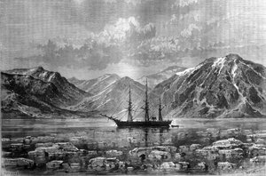 コンヤム湾に停泊中のノルデンスキオルド（Nordenskiold）男爵ニルス・アドルフ・エリック（Eric）（1832-1901）の船、「ベガ」（Vega）。1880年頃のエングレーヴィング。
