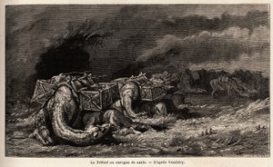 テッバドと呼ばれる砂のハリケーンに巻き込まれたラクダのキャラバン。エミール・バイヤール（1837-1891）が、1863年にアルミニウス・ヴァンベリ（ダービッシュに変装したハンガリー人科学者）が行った中央アジアへの旅を説明するために描いたもの。Le tour du monde "に掲載されている版画。 作： Unknown artist