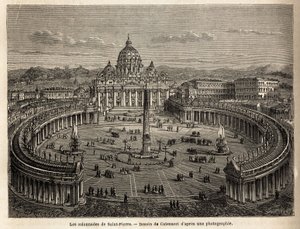 1655年にベルニーニ（1598-1680）によってもたらされたバチカンのサン・ピエトロの列柱は、バロックやロココ建築の共通の場所となった楕円形の平面上にあります。1864年から1868年にかけてフランシス・ウェイが描いたローマへの航海を説明するためのエングレーヴィングで、出版されています。 作： Unknown artist