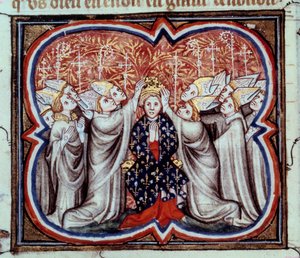 1179年1月11日、ランスの大聖堂で行われたフィリップ・アウグストゥス王（1165-1223）の戴冠式。14世紀の写本のミニチュア。パリ、B.N.