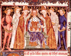 王の戴冠式 イングランド王リチャード2世（1367-1400）と思われる。戴冠式の儀式に関する写本「Liber regalis」のミニチュア 14世紀 パンプローナ、ナバラの公文書館 作： Unknown artist
