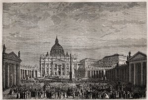 ローマ法王ピウス9世（1792-1878）による復活祭の大祝福を受けるために、群衆はバチカンのサンピエトロ広場に殺到した。1863年、Ludovic Cellerがローマの聖週間の物語を説明するために描いた版画（「Le tour du monde, nouveau journal des voy 作： Unknown artist