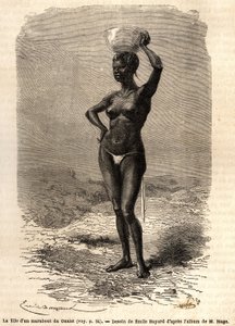 Oualet（モーリタニア）出身のマラブトの娘が、頭にジャテをつけて黒い石鹸を作っているところ。1863-1866年、海軍中尉M.Mageの西スーダンへの航海を描いた版画（"Le tour du monde, nouveau journal des voyages "掲載 作： Unknown artist