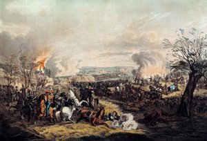 ブランズウィック公フレデリック・ギョーム（1771-1815）は、1815年6月16日、ミシェル・ネイ侯（1769-1815）のフランス軍とウェリントン公のイギリス軍との間で行われたカトル・ブラスの戦いで死亡しました。1815年のプリント。パリ、軍隊博物館（Musee de l