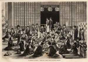 横浜劇場の食堂は、公演中であっても常に満席である。1863年から1864年にかけて、スイス連邦公使のアイム・アンベールが日本への旅を説明するために描いたもので、「le tour du monde」に掲載されている。