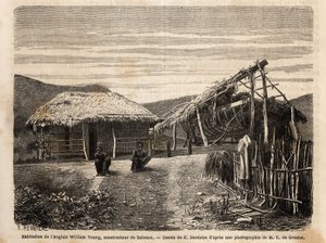 ヌメアの近くにあるイギリス人建設業者の住居と造船所。彼は土着の労働者を使い、あるいは過酷な労働の時間が終わるまで彼らを非難している。鉱山の土木技師ジュール・ガルニエが18年に描いた「ヌーベル・カレドニアへの旅を描くための版画」。 作： Unknown artist