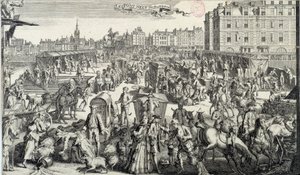 パリのポンヌフの恥ずかしさ。18世紀のパリの街の交通と交通渋滞のイラスト。1710年のエングレーヴィング。パリ、カルナヴァレ美術館 作： Unknown artist