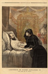 死の床にあるロシア皇帝アレクサンドル3世（1815-1894）は、1881年から1894年まで、譲歩のない独裁者として、平和的な外交を行い、フランスとの和解を自発的に行っていた。ル・プチ・ジャーナル」に掲載された図版 作： Unknown artist