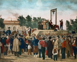 1858年3月13日、パリのロケット広場でナポレオン3世に対する1858年1月14日の攻撃を実行したフェリーチェ・オルシーニ（1819 - 1858）とピエリの処刑。19世紀末のリトグラフ。ミラノの個人コレクション 作： Unknown artist