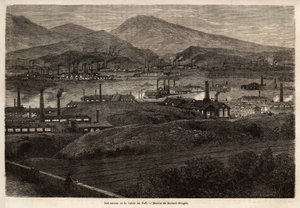 タフ・バレーの工場群。1862年にL.Simoninがウェールズの主要工場を訪問した際に描いたDurand Bragerの絵。エドゥアール・シャルトン編集の「Le tour du monde」に掲載されている図版 作： Unknown artist