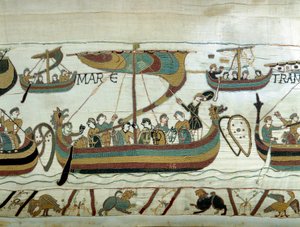 征服王ウィリアム1世（1027-1087）の艦隊がイギリスに向けて海峡を渡る。バイユーのタペストリーまたはマチルド王妃の刺しゅう 作： Unknown artist
