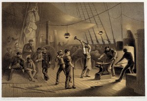甲板上の鍛冶屋。8月9日夜、キャプスタン用のイフォンプレートを準備中 - W.H.ラッセル著「The Atlantic telegraph」（1860年頃）より 作： Unknown artist