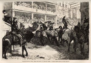 カーニバル期間中に4回開催される無料の競馬は、人民広場からスタートし、コルソのトリプルギャロップでヴェネツィア広場まで疾走し、賞品が授与されます。フランシス・ウェイが描いたローマへの航海を説明するためのエングレーヴィング。 作： Unknown artist