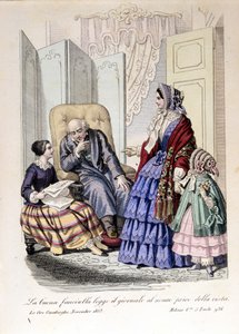 視力を失った祖父に新聞を読み聞かせる少女。1853年11月、「The ore casalinghe」より。 作： Unknown artist