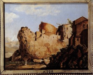 ナポレオン・ボナパルト（1769-1821）の故郷、コルシカ島の城塞、気まぐれな構図 目の錯覚でナポレオンの横顔を再現した風景。匿名の絵画 1822年 エクス島 ナポレオン博物館 作： Unknown artist
