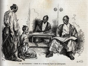 職務執行中の捜査判事が、彼の前に跪いてサムライを告発しています。1863年から1864年にかけての日本への航海を説明するためのエングレーヴィングで、スイス連邦の大臣アイム・アンベールが「Le tour du monde, nouveau jo. 作： Unknown artist