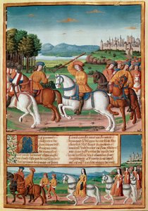 シャルル6世（1368年〜1422年）の狂乱。1392年8月5日、ル・マンの森で猛烈な狂気の発作を起こし、反逆罪を叫んで自分の一座を襲い、4人を殺害した。 ミニチュアの人々は「エンゲラン・ド・モの年代記」より 作： Unknown artist
