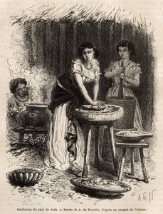 大カウカ谷（コロンビア）の女性たちによる食生活の基本であるトウモロコシパンの製造。1869年にサフレー博士が行ったニュー・グラナダへの航海を説明するためのエングレーヴィングで、1873年にエドゥアール・シャルトンが編集した「Le tour du monde」に掲載されている、アシェ版。 作： Unknown artist