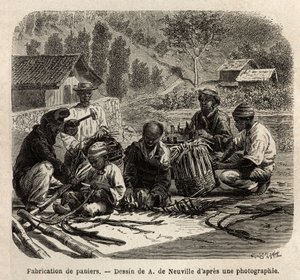 コーヒーを採取するための椰子の葉のバスケットの製造。1865年から1866年にかけてアガシ夫妻が行ったブラジルへの航海を説明するための版画で、エドゥアール・シャルトの指導の下、「Le tour du monde, nouveau journal des voyages」に掲載された。 作： Unknown artist