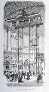 1867年の万国博覧会でエンジニアのエドゥーが使用した機械式リフト - 重力 作： Unknown artist
