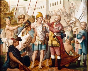 1519年11月のエルナン（またはエルナンド）・コルテスまたはフェルナン・コルテス（1485-1547）とアステカ王モンテスマ（またはモクテスマ：1466 - 1520）の会談 19世紀の匿名の絵画。マドリッドのアメリカ博物館。 作： Unknown artist