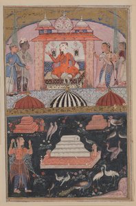 商人は妻の不貞を聞きます（上記）。 不貞の妻は、Tuti-nama (オウムの物語) から髪 (下) を引き抜くことによって苦行を行います: 最初の夜 作： Unknown artist