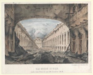 1848年10月28日の火災後のウィーンのオデオン座。1848年10月（カラーリトグラフ） 作： Unknown artist