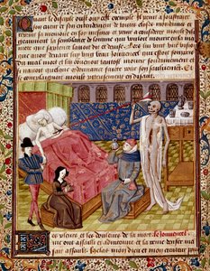 患者は、ジャン・ゲルソン（1363-1429）の「Le Tresor de Sapience」（または「Le traite du jardin amoureux」）から取られたミニチュアの死に打たれている。 作： Unknown artist
