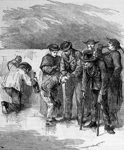 1858年にベルナデット・スービロウス（1844-1879）に聖母が現れたピレネー山脈の高地にあるルルドの奇跡の水を飲むペレランたち、現在の巡礼地。1877年のエングレーヴィング 作： Unknown artist
