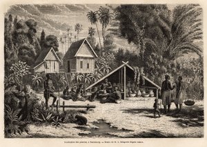 サニアブーリー（ラオス）での陶器の生産。ヴァイスソー中尉フランシス・ガルニエが1866年から1868年にかけて行ったインドシナ探検航海を説明するためのエングレーヴィングで、「Le tour du monde」1870年から1871年、エドゥアール・シャルトン編、Hac版に掲載されています。 作： Unknown artist