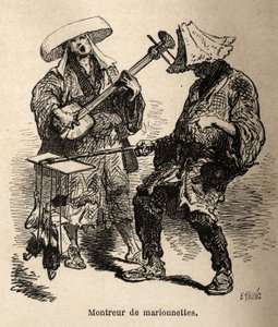人形劇と、大道芸に付き合う音楽家。1863年から1864年にかけて、スイス連邦公使アイム・アンベールが行った日本への旅を説明するためのエングレーヴィングで、エドの指揮のもと「le tour du monde」に掲載されています。 作： Unknown artist