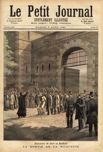 1891年7月27日、ロケットからパリの刑務所が解放され、死刑判決を受けた犯罪者ドーレとベルランド。1891年8月8日の「Le petit journal」に掲載された「Henri Meyer」のエングレーヴィング。セルバのコレクション。 作： Unknown artist
